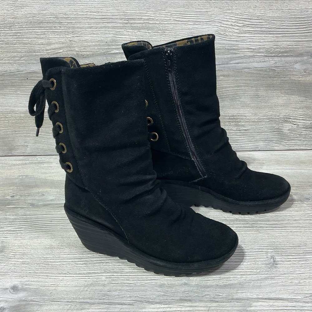 Fly London Yada Black Suede Back Lace-up Wedge Boots Womens Size 8-8.5 US -39 EU